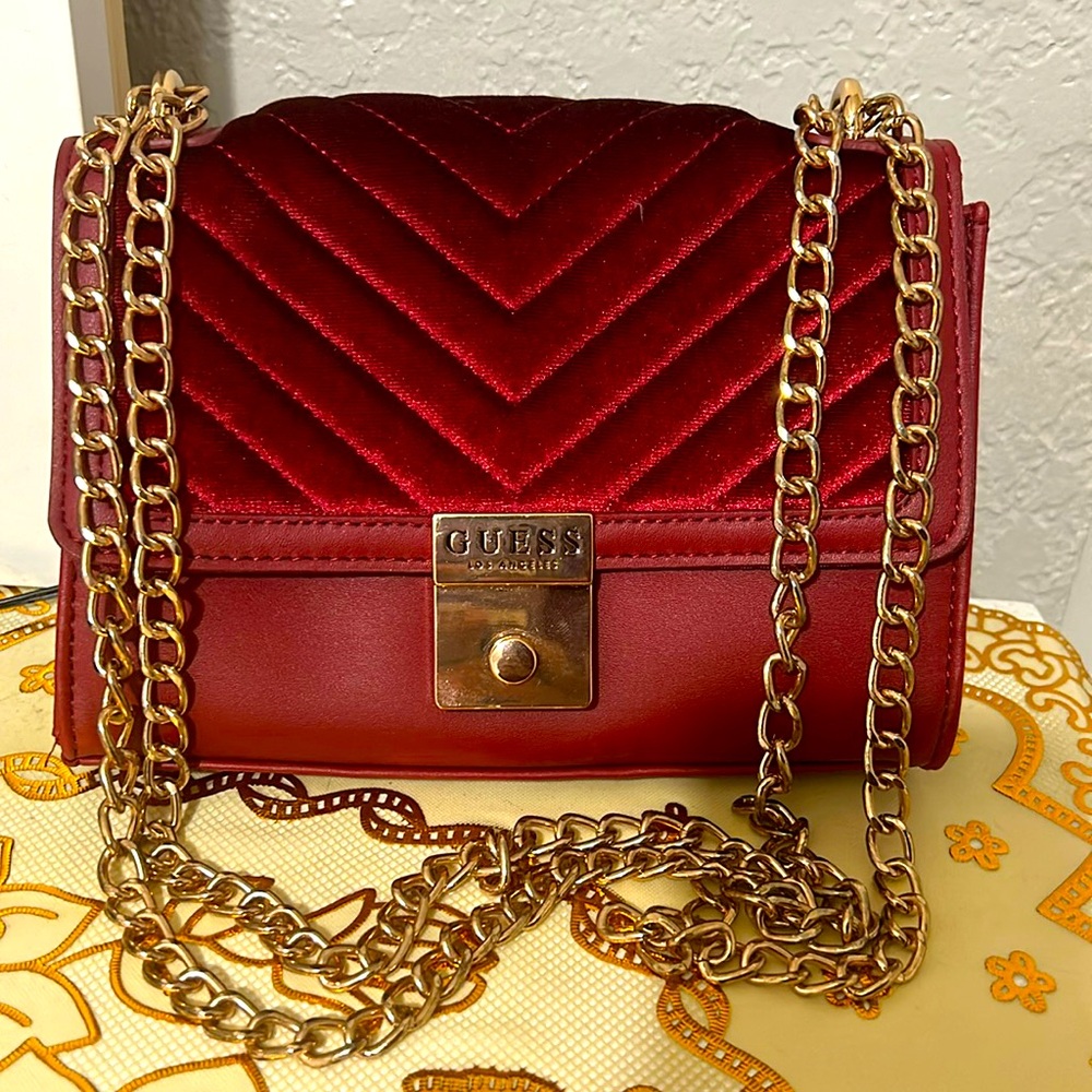 Guess Red Leather Velvet Shoulder Crossbody Bag